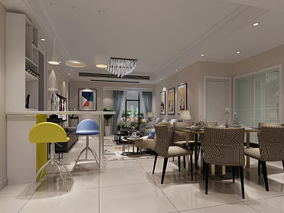 Modern Living And Dining Room Interior With Pendant Lights Woven Chairs Sofa And Framed Paintings 3d model