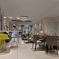 Modern Living And Dining Room Interior With Pendant Lights Woven Chairs Sofa And Framed Paintings
