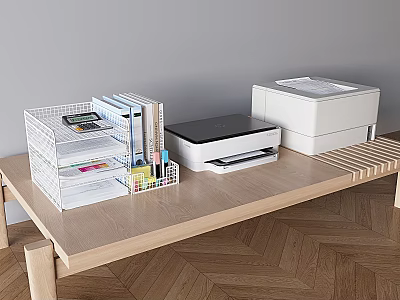 Essential Office Appliances on Wooden Desk with Printers File Organizers and Stationery Holders 3d model