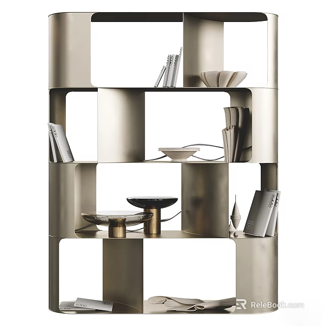 Modern Luxury Metal Showcase Shelf with Geometric Design Featuring Decorative Items and Books 3d model 