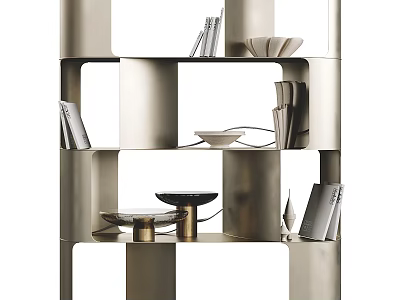 Modern Luxury Metal Showcase Shelf with Geometric Design Featuring Decorative Items and Books 3d model