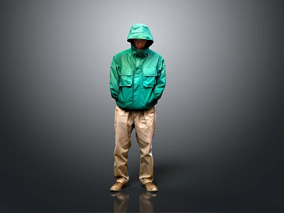 A Man Standing In Green Hooded Jacket Khaki Pants With Hands In Pockets Gray Background 3d model