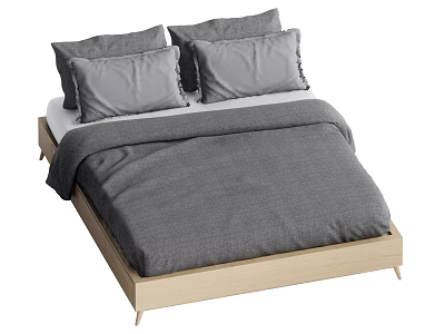 Double Bed with Wooden Frame Gray Bedding and Pillows Simple Modern Bedroom Interior 3d model
