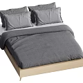 Double Bed with Wooden Frame Gray Bedding and Pillows Simple Modern Bedroom Interior 3d model