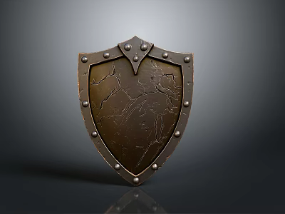 Ancient Metal Shield with Riveted Edges Cracked Surface and Decorative Design 3d model