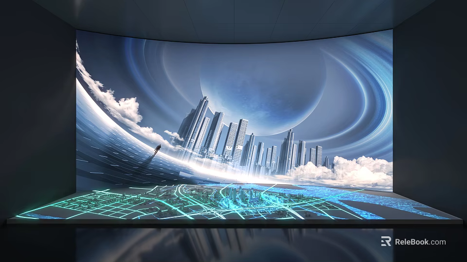 Commercial Equipment With Curved Screen Showing Futuristic City Sky Clouds Planet And Illuminated Interactive Floor 3d model 