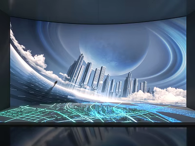 Commercial Equipment With Curved Screen Showing Futuristic City Sky Clouds Planet And Illuminated Interactive Floor 3d model