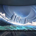 Commercial Equipment With Curved Screen Showing Futuristic City Sky Clouds Planet And Illuminated Interactive Floor