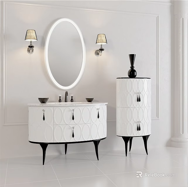 Elegant Modern Bathroom Vanity With Round Mirror Wall Lamps White Cabinet Drawers And Black Legs 3d model 