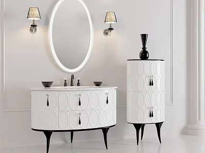 Elegant Modern Bathroom Vanity With Round Mirror Wall Lamps White Cabinet Drawers And Black Legs 3d model