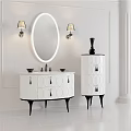 Elegant Modern Bathroom Vanity With Round Mirror Wall Lamps White Cabinet Drawers And Black Legs
