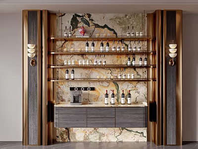 Elegant Wine Cabinet With Gold Frame Marble Backdrop Multiple Shelves Displaying Wine Bottles And Drawers 3d model