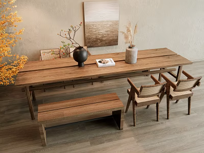 Wooden Dining Table Set With Chairs Bench Decorative Vase And Wall Art 3d model
