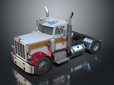 Classic Semi Truck With Silver Red Gold Stripes Chrome Grille And Exhaust Pipes 3d model