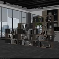 Room Divider Cabinet With Multiple Shelves Books Decorative Items And Green Plants In Modern Office