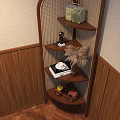 Wooden Corner Shelf with Green Box Decorative Figurine Dried Flowers Books and Red Toy Car