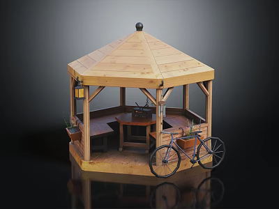 Hexagonal Wooden Gazebo With Table Bench Bicycle And Flower Pots 3d model