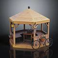 Hexagonal Wooden Gazebo With Table Bench Bicycle And Flower Pots
