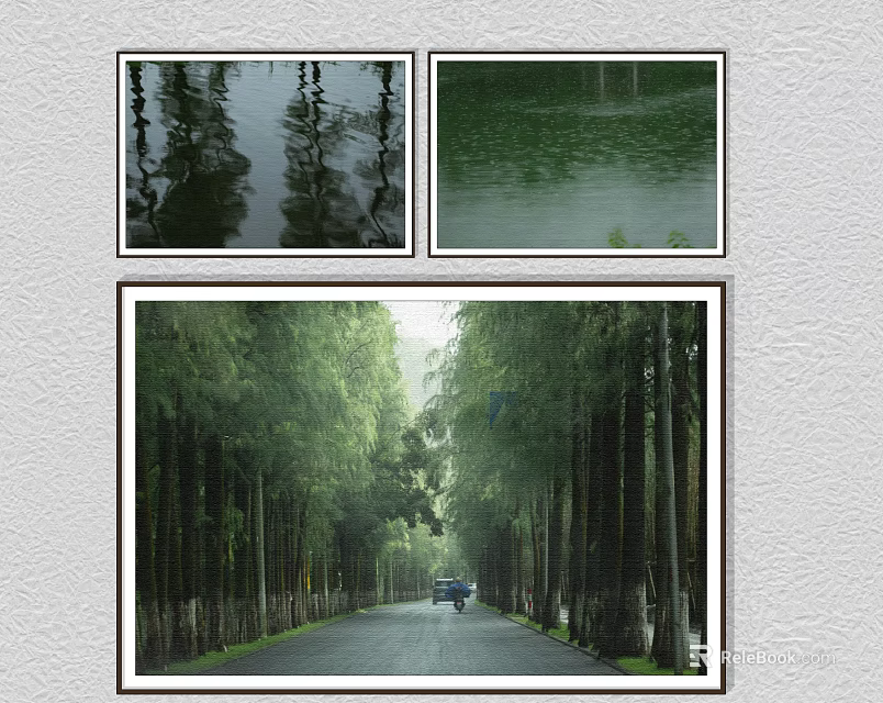 Tranquil Landscape Painting With Road Lined By Tall Trees Car In Middle And Water Reflections 3d model 