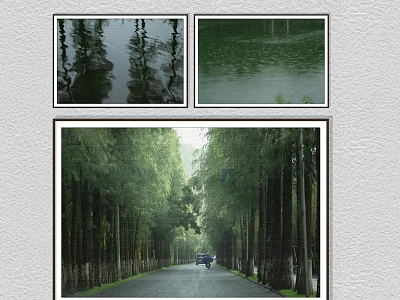 Tranquil Landscape Painting With Road Lined By Tall Trees Car In Middle And Water Reflections 3d model