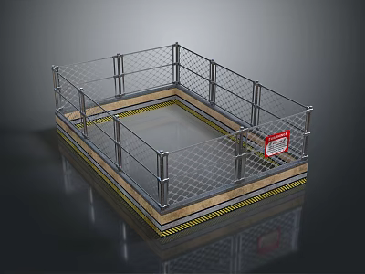 MMA Fighting Octagon Cage Featuring Metal Mesh Fencing Wooden Floor And Red Warning Sign 3d model