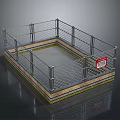 MMA Fighting Octagon Cage Featuring Metal Mesh Fencing Wooden Floor And Red Warning Sign