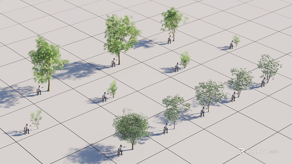 Various Size Trees On Grid Pattern Ground With People Standing Nearby 3d model 