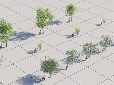 Various Size Trees On Grid Pattern Ground With People Standing Nearby 3d model