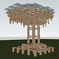 Modern Wooden Landscape Pavilion With Glass Roof And Green Grass Under Evening Sky