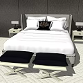 Background Double Bed with Headboard White Pillows Nightstands Table Lamps and Light Carpet