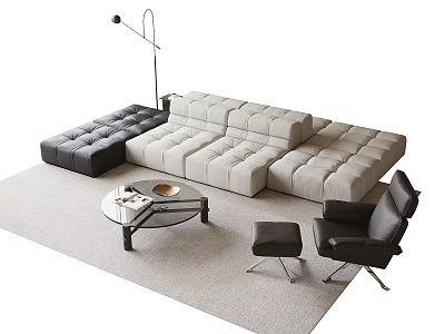 Modern Sofa Coffee Table Set With Beige Sectional Black Accent Chair Round Glass Top 3d model
