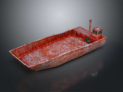 Old Red Rusted Ship With Small Cabin And Open Deck On Gray Background 3d model