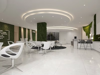 Modern Front Desk Reception Area With Green Plant Wall And White Furniture Lighting 3d model