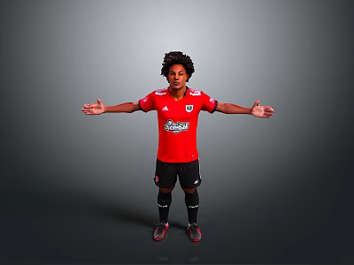 Football Player In Red Jersey Standing With Arms Outstretched Against Gray Background 3d model