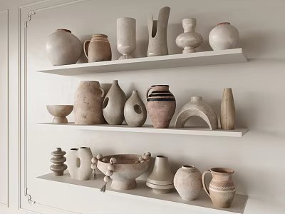 Ceramic Vessels of Various Shapes and Sizes in Natural Tones on Multiple White Shelves 3d model