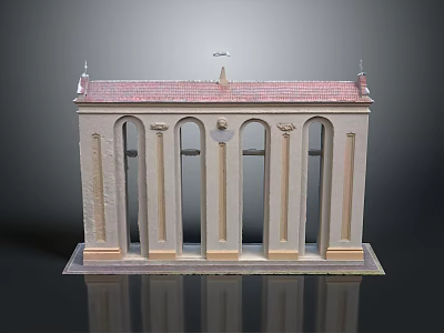 Architectural Landscape Model Featuring Red Roof Columns And Arched Doors On Reflective Platform 3d model