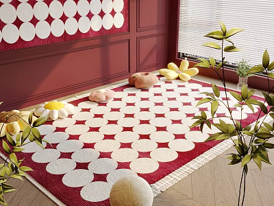 Relaxing Lounge Area With Red Wall White Circular Patterns Rug Plush Toys And Green Plants 3d model