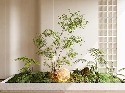 Indoor Landscape With Green Plants Ferns And Round Glowing Object In Light Wall Grid Panel 3d model