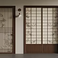 Japanese Wooden Doors With Lattice Design Bamboo Pattern Sliding Panel And Wall Lamp