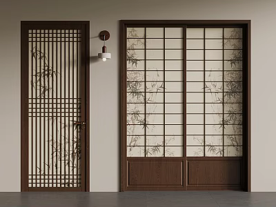 Japanese Wooden Doors With Lattice Design Bamboo Pattern Sliding Panel And Wall Lamp 3d model