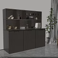 Dark Brown Modern Sideboard with Shelves Cabinets and Decorative Vases Jars Books Near Plant