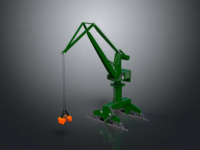 Green Industrial Crane With Extended Arm Orange Hook And Stable Base Structure 3d model