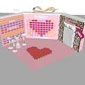 Pink 3D Greeting Card Featuring Red Heart Shape Colorful Squares And Wine Glasses