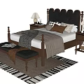 Classic Double Bed With Upholstered Headboard Nightstands Table Lamps And Bench On Striped Rug