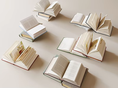 Multiple Open Books Display With Various Covers And Scattered Pages On Light Background 3d model