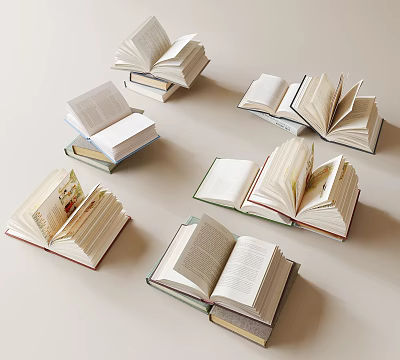 Multiple Open Books Display With Various Covers And Scattered Pages On Light Background 3d model