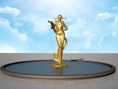 Golden Female Figure Sculpture Standing In Circular Pool With Blue Sky Background 3d model