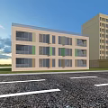 Yellow Multi Storey Residential Buildings With Green Lawn In Front And Blue Sky