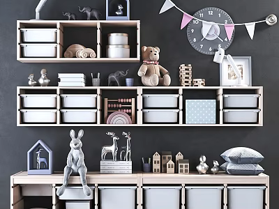 Stuffed Teddy Bear And Rabbit Dolls On Shelves With Storage Boxes Clock And Bunting 3d model