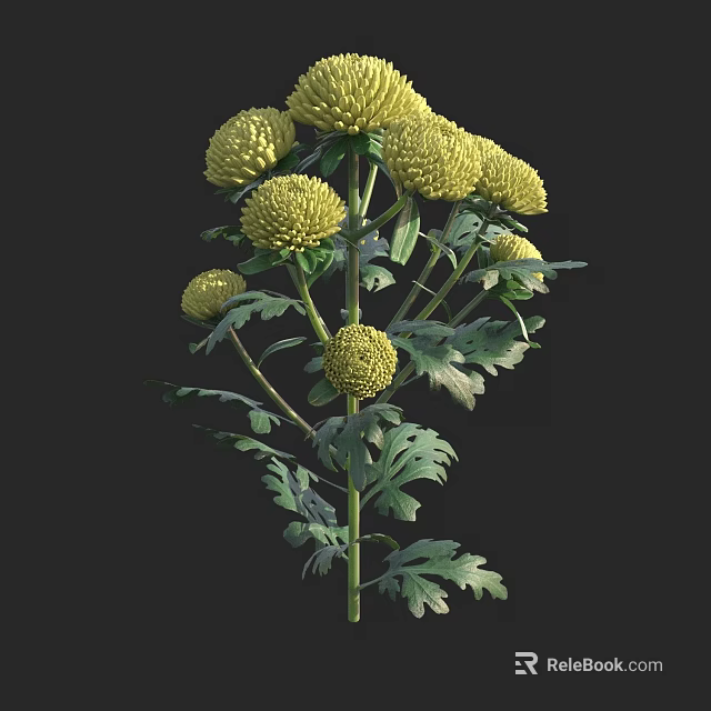 Yellow Chrysanthemum Flowers In Vase With Green Leaves And Stems 3d model 